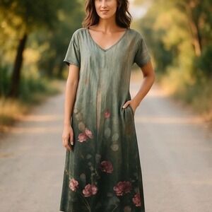 NEW Womens V Neck House Dress XL Floral Midi Maxi Watercolor Artsy